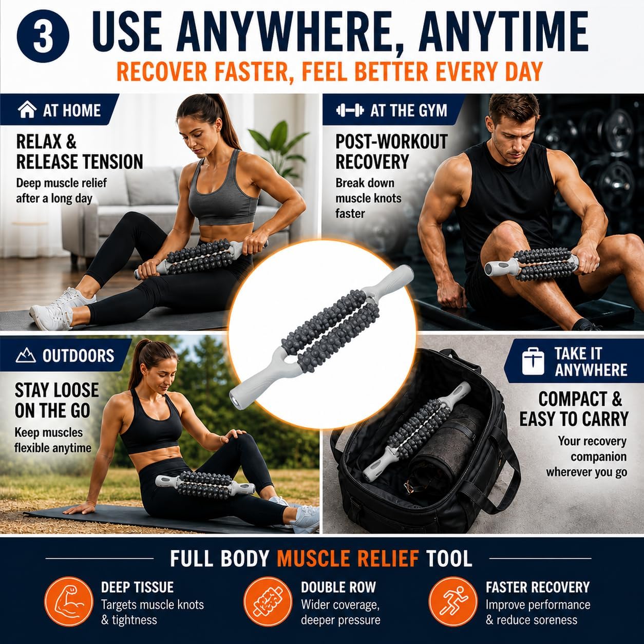 Double-Row Deep Tissue Massage Roller - product view 8